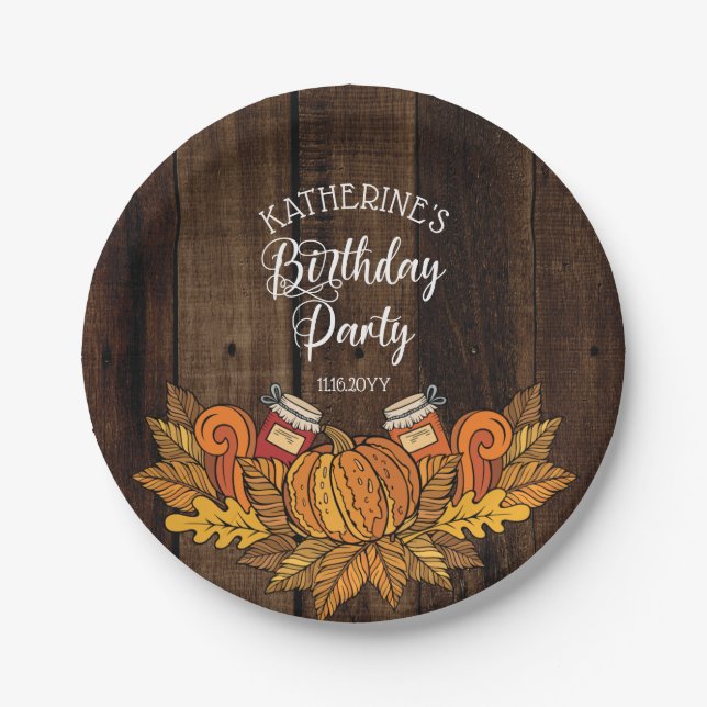 Rustic Fall |Autumn Pumpkin |Leaves Birthday Party Paper Plate (Front)