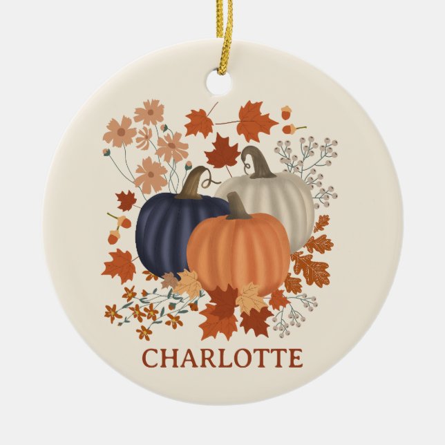 Rustic Fall Autumn Pumpkin Wildflowers Custom Name Ceramic Tree Decoration (Front)