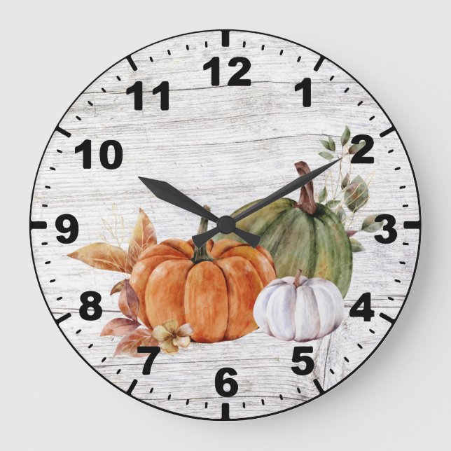 Rustic Fall Autumn Pumpkins Greenery Barn Wood Large Clock (Front)