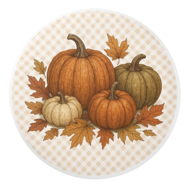 Rustic Fall/Autumn pumpkins & leaves Ceramic Knob (Front)