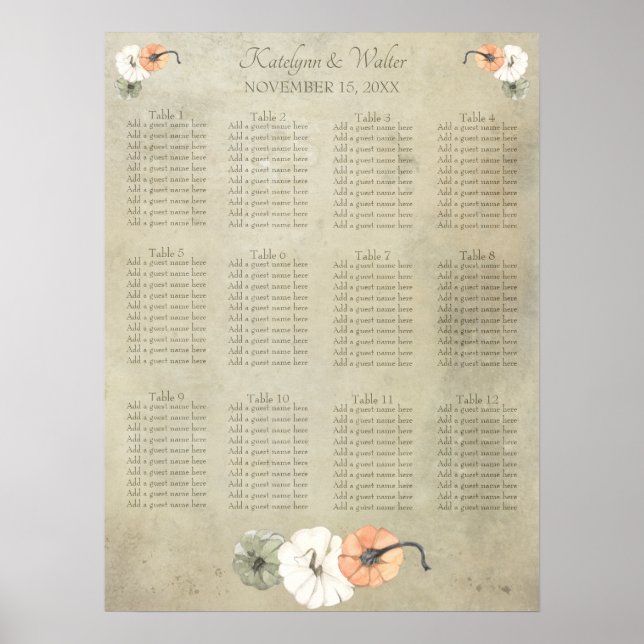 Rustic Fall Autumn Pumpkins Wedding Seating Chart (Front)