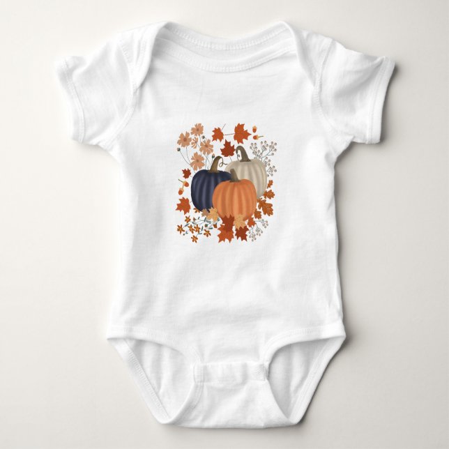 Rustic Fall Autumn Pumpkins Wildflowers Leaves Baby Bodysuit (Front)