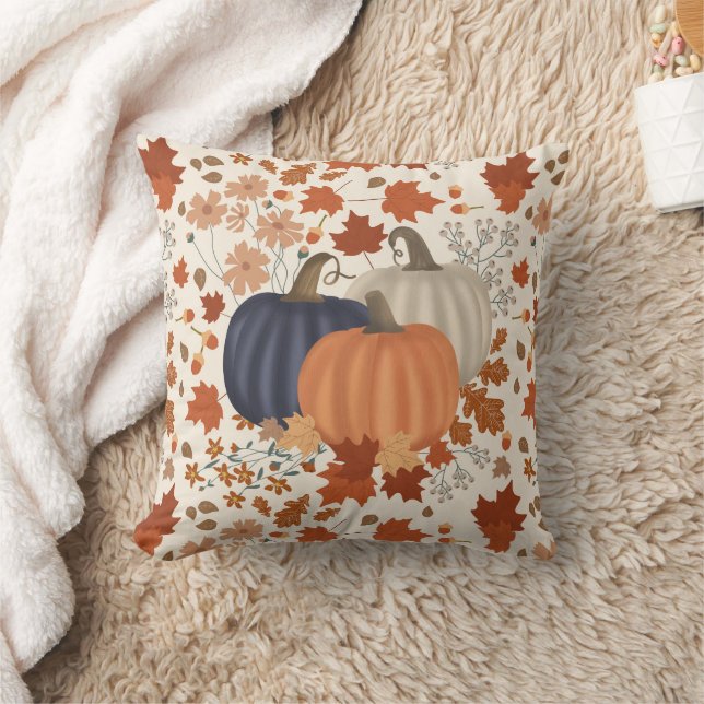 Rustic Fall Autumn Pumpkins Wildflowers Leaves Cushion (Blanket)