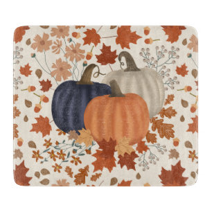 Rustic Fall Autumn Pumpkins Wildflowers Leaves Cutting Board