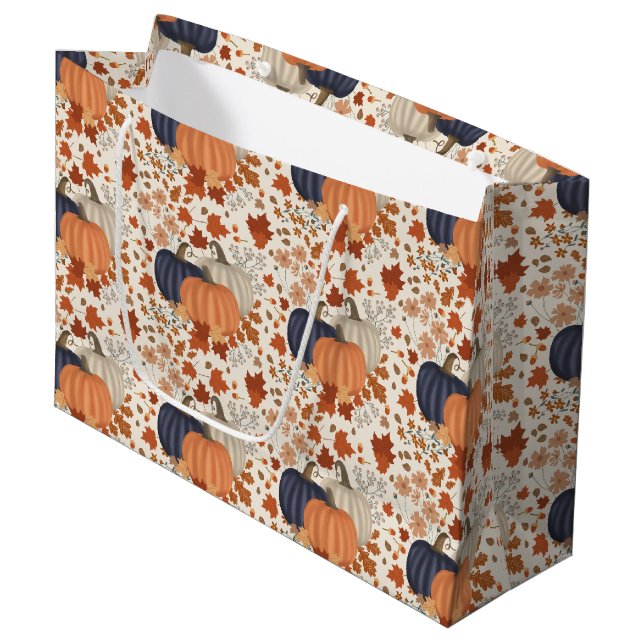 Rustic Fall Autumn Pumpkins Wildflowers Leaves Large Gift Bag (Front Angled)