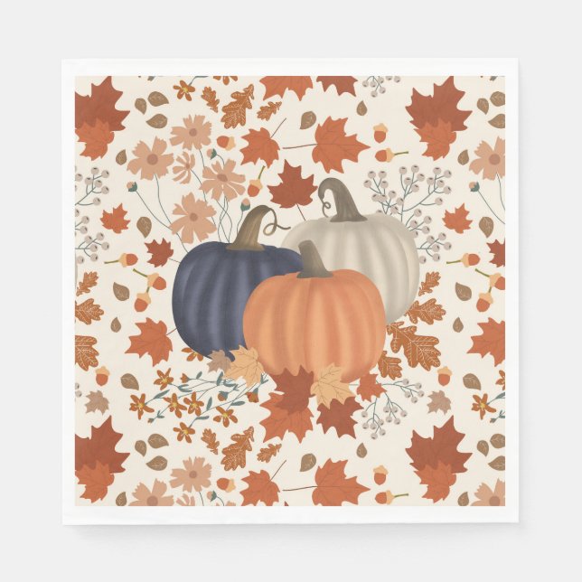 Rustic Fall Autumn Pumpkins Wildflowers Leaves Napkin (Front)