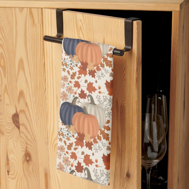 Rustic Fall Autumn Pumpkins Wildflowers Leaves Tea Towel (Thirds Fold)