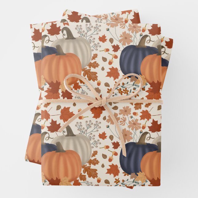 Rustic Fall Autumn Pumpkins Wildflowers Leaves Wrapping Paper Sheet (In situ)