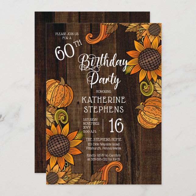 Rustic Fall |Autumn Sunflowers 60th Birthday Party Invitation (Front/Back)
