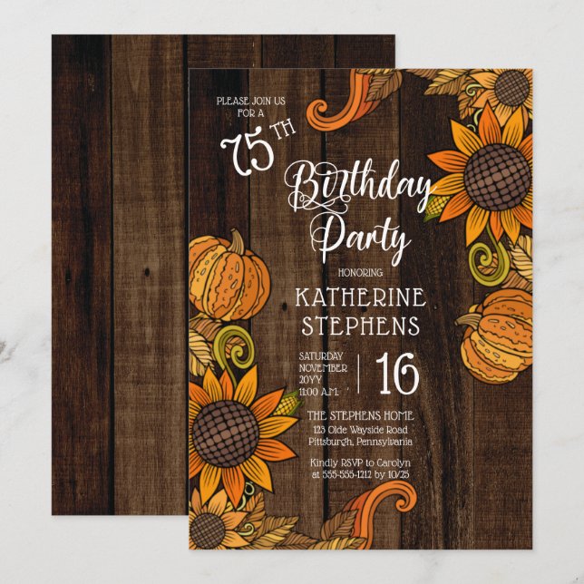 Rustic Fall |Autumn Sunflowers 75th Birthday Party Invitation (Front/Back)