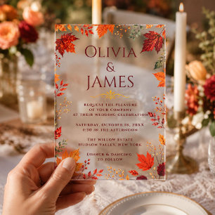 Rustic Fall Autumn Teal and Orange Leaves Acrylic Invitations