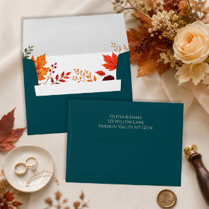 Rustic Fall Autumn Teal and Orange Leaves Ceremony Envelope