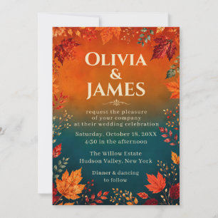 Rustic Fall Autumn Teal and Orange Leaves Invitation