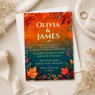 Rustic Fall Autumn Teal and Orange Leaves Invitation