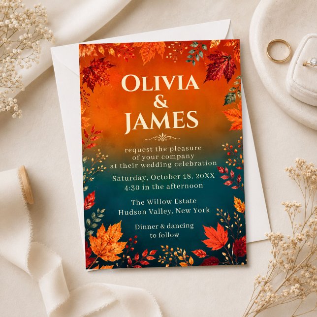Rustic Fall Autumn Teal and Orange Leaves Invitation (Creator Uploaded)