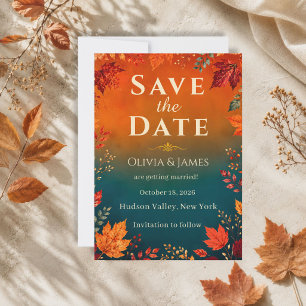 Rustic Fall Autumn Teal and Orange Leaves Save the Date