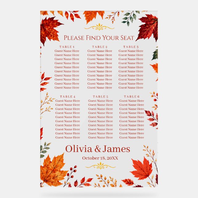 Rustic Fall Autumn Teal and Orange Leaves Seating  Acrylic Sign (Front)