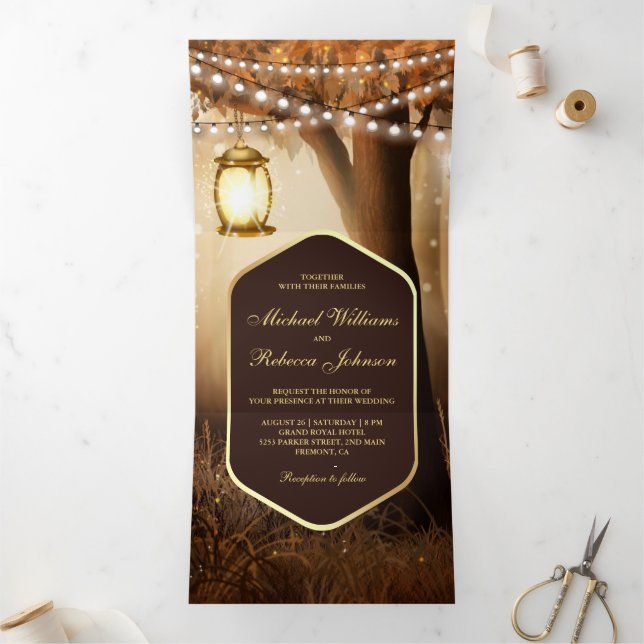 Rustic Fall Autumn Tree Lamp String Lights Wedding Tri-Fold Invitation (Inside)