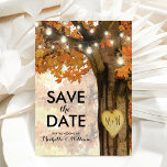 Rustic Fall Autumn Tree Lights Save the Date Announcement Postcard<br><div class="desc">Autumn woodland save the date postcards featuring a rustic fall tree covered in red, orange and yellow leaves, a carved heart with your initials, string twinkle lights and a modern wedding text template. For further personalisation, please click the "Customise it" button to modify this template. All text style, colours, and...</div>