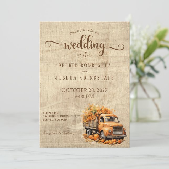 Rustic Fall Autumn Truck Wedding Invitation (Standing Front)