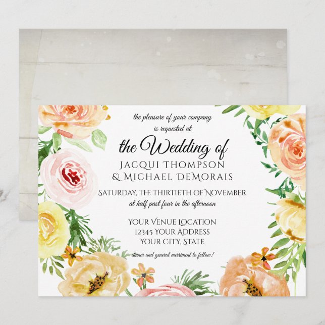 Rustic Fall Autumn Watercolor Floral Rose Wreath Invitation (Front/Back)