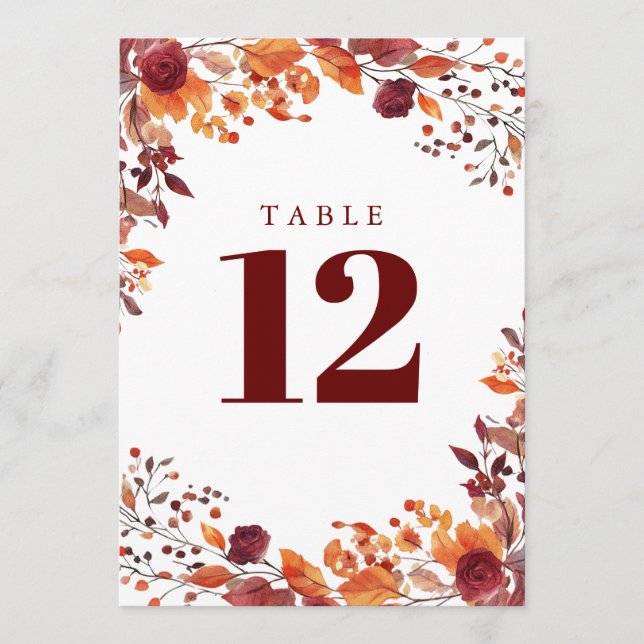 Rustic Fall Autumn Watercolor Floral Table Number (Front)