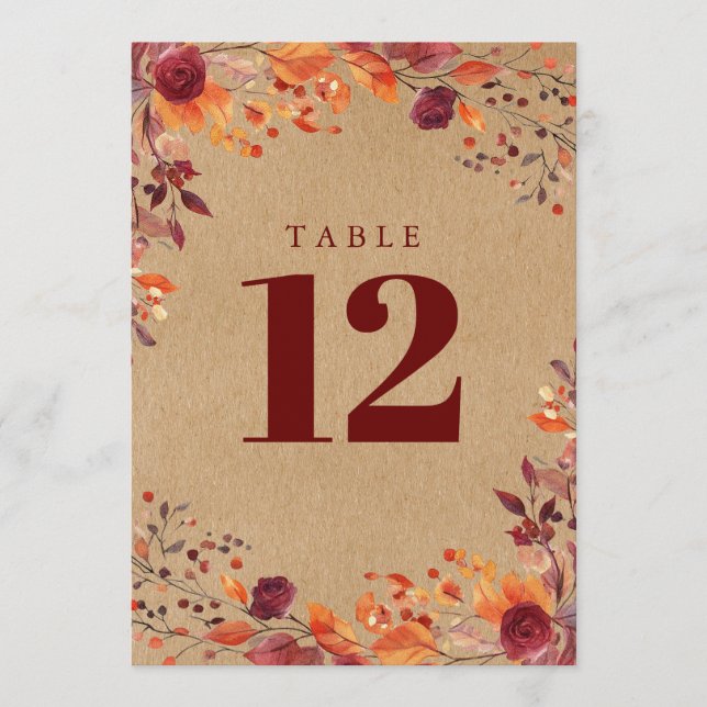 Rustic Fall Autumn Watercolor Floral Table Number (Front)
