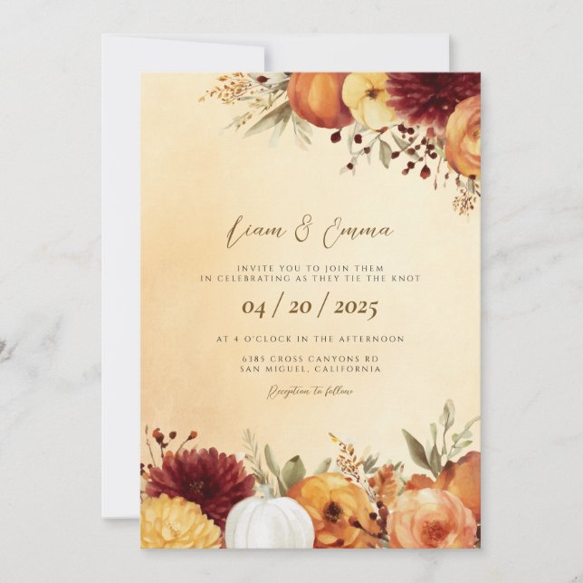 Rustic Fall Autumn Watercolor Wedding Invitation (Front)
