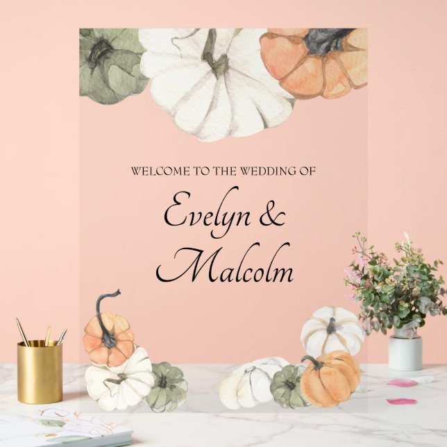 Rustic Fall Autumn White, Orange Pumpkins Wedding Acrylic Sign (Wedding)