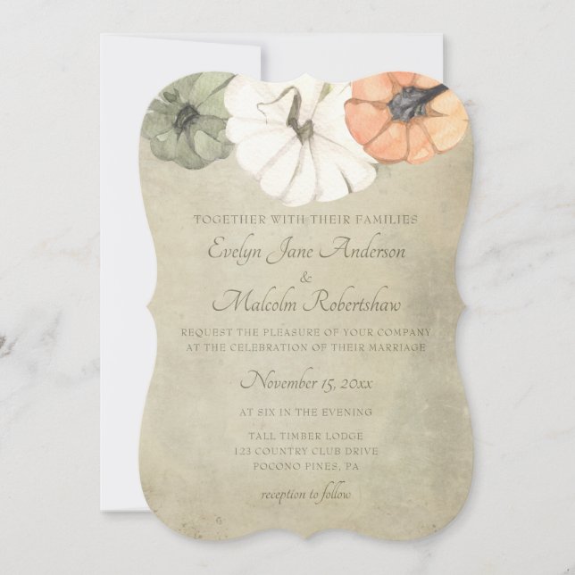 Rustic Fall Autumn White, Orange Pumpkins Wedding Invitation (Front)