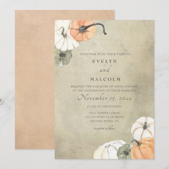 Rustic Fall Autumn White, Orange Pumpkins Wedding Invitation (Front/Back)
