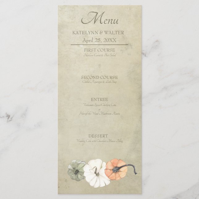 Rustic Fall Autumn White, Orange Pumpkins Wedding Menu (Front)