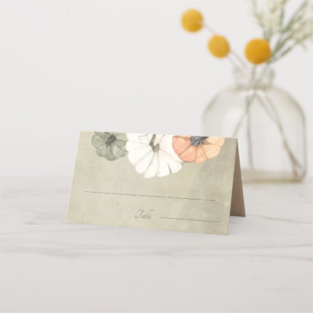 Rustic Fall Autumn White, Orange Pumpkins Wedding Place Card (Front)