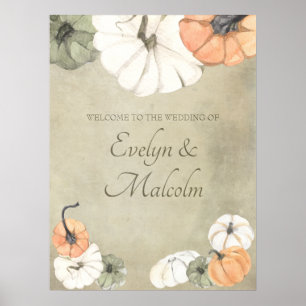 Rustic Fall Autumn White, Orange Pumpkins Wedding Poster