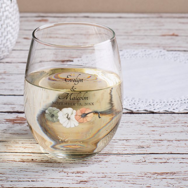 Rustic Fall Autumn White, Orange Pumpkins Wedding Stemless Wine Glass (Creator Uploaded)