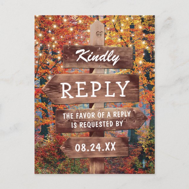Rustic Fall Autumn Woodland Wedding RSVP Invitation Postcard (Front)