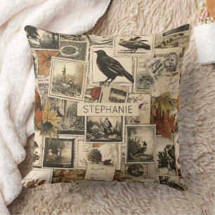 Rustic Fall Birds Pumpkins Antique Postage Cushion