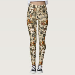 Rustic Fall Birds Pumpkins Antique Postage Leggings