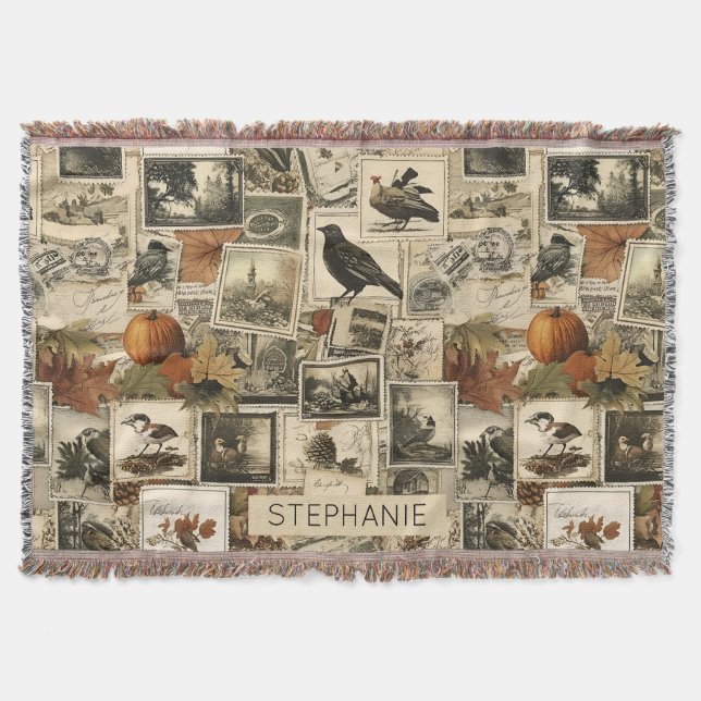 Rustic Fall Birds Pumpkins Antique Postage Throw Blanket (Front)
