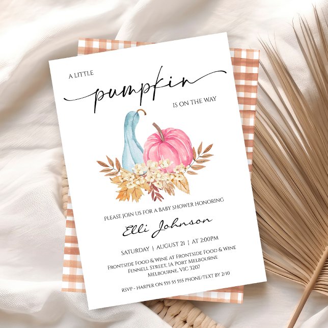 Rustic Fall Blue Pink Pumpkin Baby Shower Invitation (Fall Little Pumpkin Baby Shower Invitation, Blue Pink Pumpkin Baby Shower Invite, Autumn Baby )