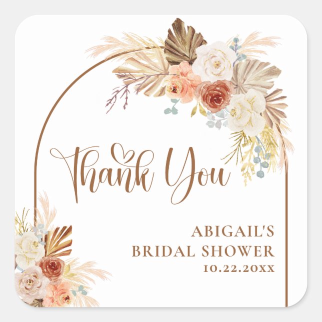 Rustic Fall Boho Arch Pampas Grass Bridal Shower  Square Sticker (Front)