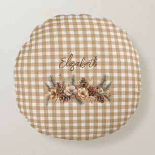 Rustic Fall Botanical Brown Gingham Personalized Round Cushion
