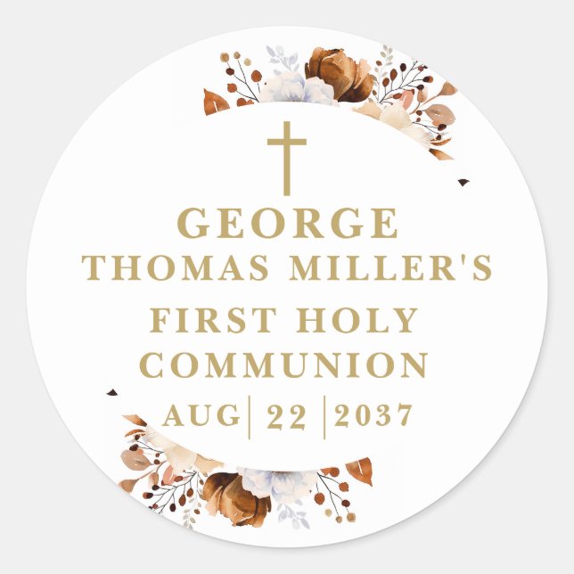Rustic Fall Botanical Modern Holy Communion Classic Round Sticker (Front)