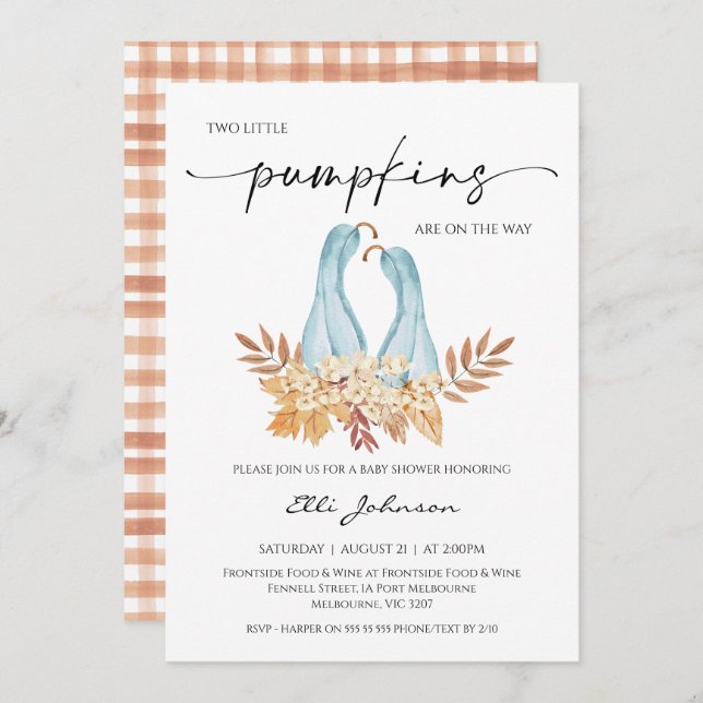 Rustic Fall Boy Twins Pumpkins Baby Shower Invitation (Front/Back)