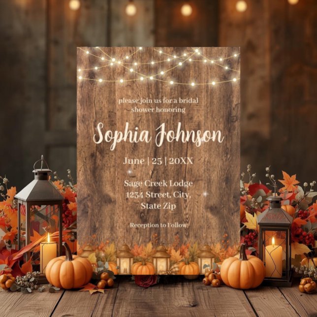 Rustic Fall Bridal Shower Invitation | Pumpkins (Rustic fall bridal shower invite with pumpkins, lanterns, string lights & cozy autumn wood backdrop.)