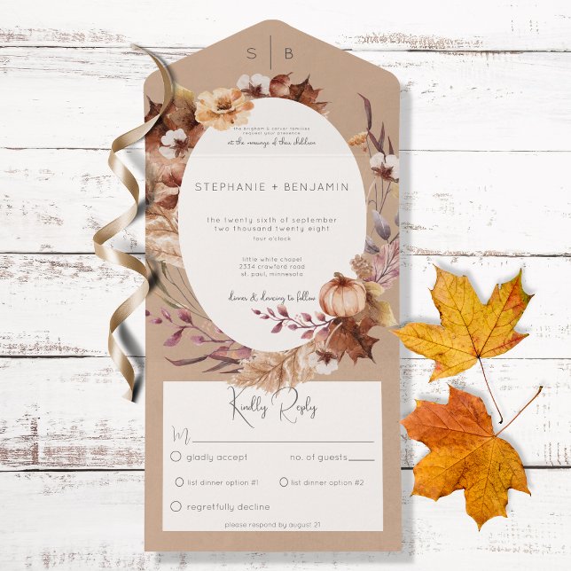 Rustic Fall Brown Floral & Leaves Dinner All In One Invitation (Creator Uploaded)