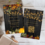 Rustic fall budget all in one wedding invitation<br><div class="desc">Beautiful rusty orange and dark burgundy autumn fall flowers and pumpkin borders with strings of golden twinkle lights over a dark brown barn wood background making a charming elegant budget affordable all in one RSVP and details wedding invitation with scanning QR code and a trendy handwriting gold typography script. Easy...</div>