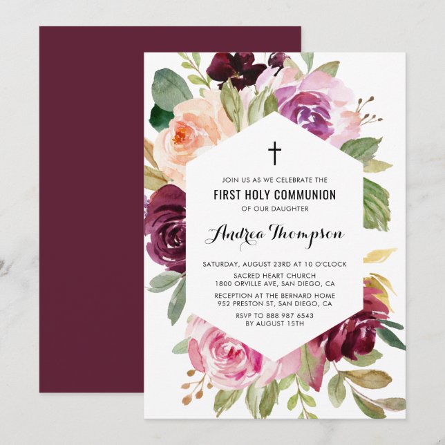 Rustic Fall Burgundy Flowers First Holy Communion Invitation (Front/Back)