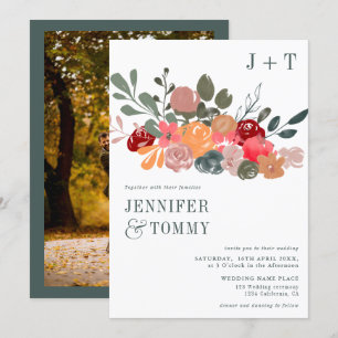 Rustic fall burgundy green floral photo wedding invitation
