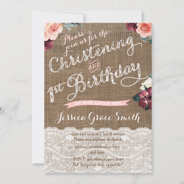 Rustic Fall Christening 1st Birthday party girl Invitation (Front)